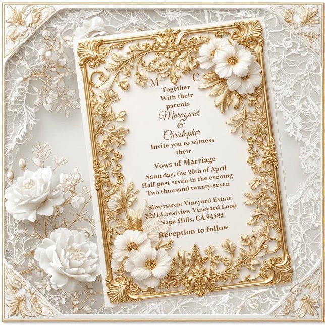 White Tulips Gold Ornate Baroque Grandeur Wedding  Inbjudningar (White Tulips Gold Ornate Baroque Grandeur Wedding Invitation)