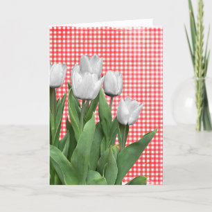 White Tulips på Gingham Birthday Kort