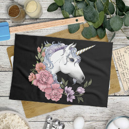 White Unicorn and Flowers Kökshandduk