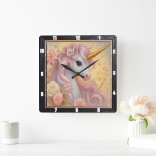 White Unicorn Blommigt Dreamy Fyrkantig Klocka
