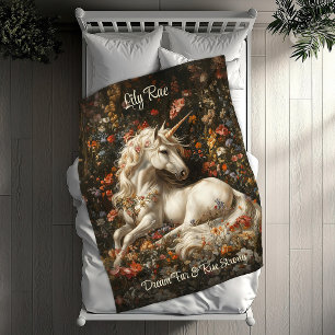 White Unicorn Blommigt Fantasy Mysigt Sleeping Hor Fleecefilt