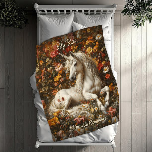 White Unicorn Blommigt Meadow Fantasy Horse Fleecefilt