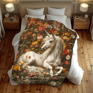 White Unicorn Blommigt Meadow Fantasy Horse Fleecefilt