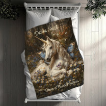 White Unicorn Blue Butterfly Meadow Blommigt Art