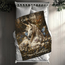 White Unicorn Blue Butterfly Meadow Blommigt Art Fleecefilt