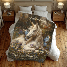 White Unicorn Blue Butterfly Meadow Blommigt Art