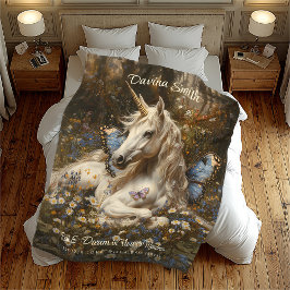White Unicorn Blue Butterfly Meadow Blommigt Art Fleecefilt