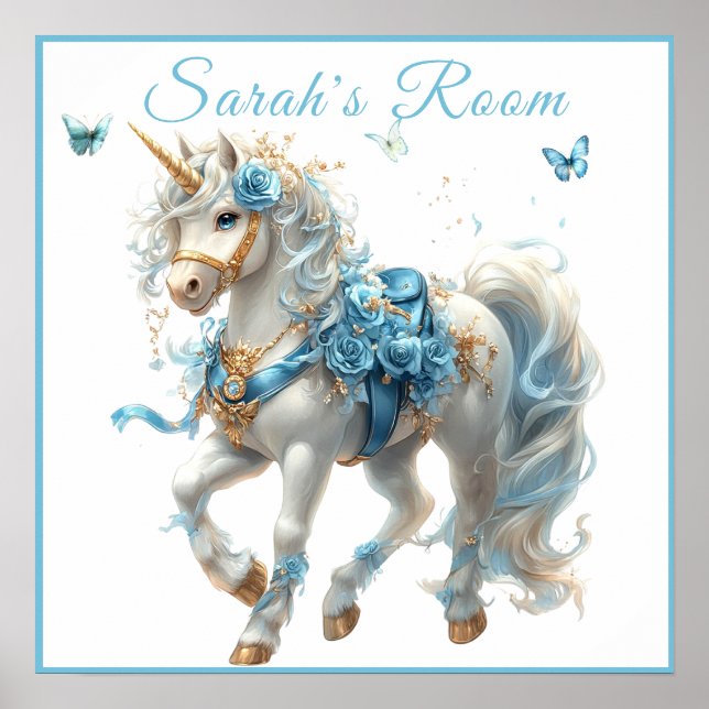 White Unicorn Blue Saddle Ro Butterflies Poster (Framsidan)