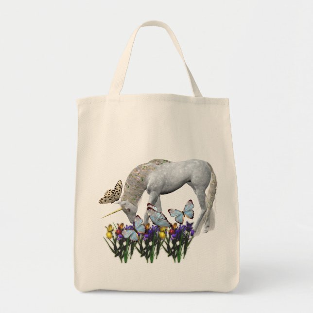 White Unicorn Butterflies Flowers Tygkasse (Framsidan)
