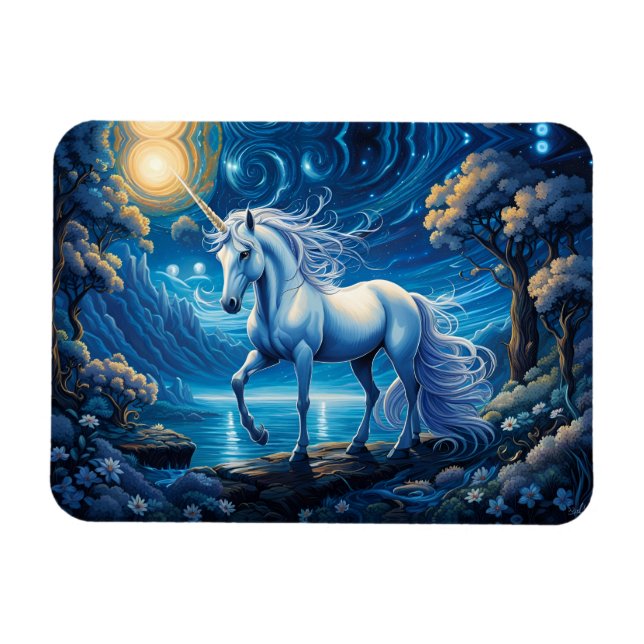 White Unicorn Fantasy Full Moon Magnet (Horisontell)