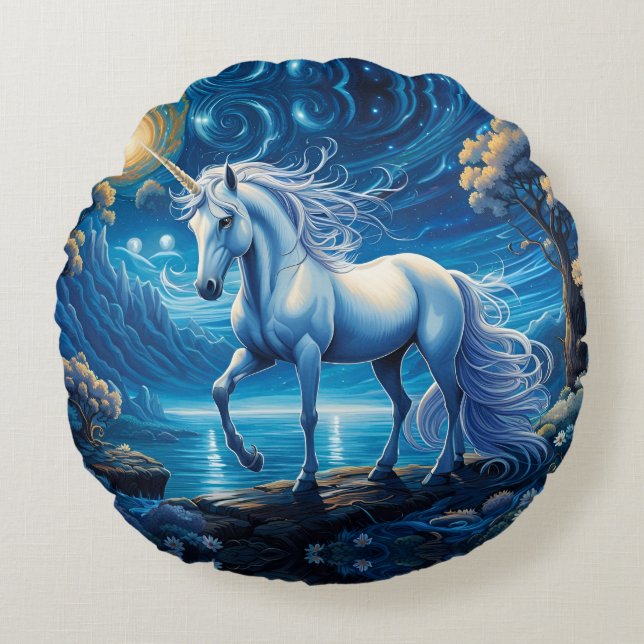 White Unicorn Fantasy Full Moon Rund Kudde (Framsidan)