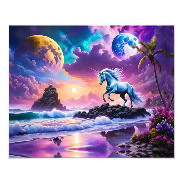 White Unicorn Fantasy Tropical Beach Fototryck (Framsidan)