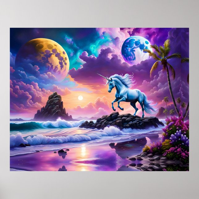 White Unicorn Fantasy Tropical Beach Poster (Framsidan)