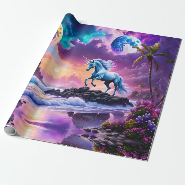 White Unicorn Fantasy Tropical Beach Presentpapper (Utrullad)