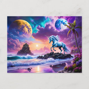 White Unicorn Fantasy Tropical Beach Vykort