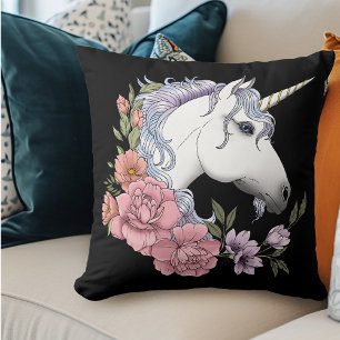 White Unicorn Flowers Rosa Black Kudde