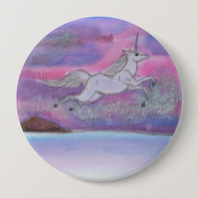 White Unicorn-flygning över vinterlandskapets natt Knapp (Framsida)