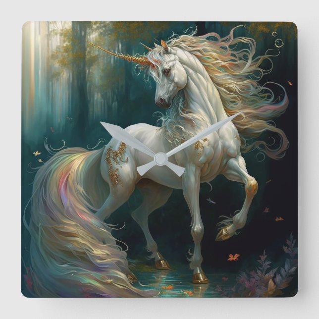 White Unicorn Fyrkantig Klocka (Framsida)