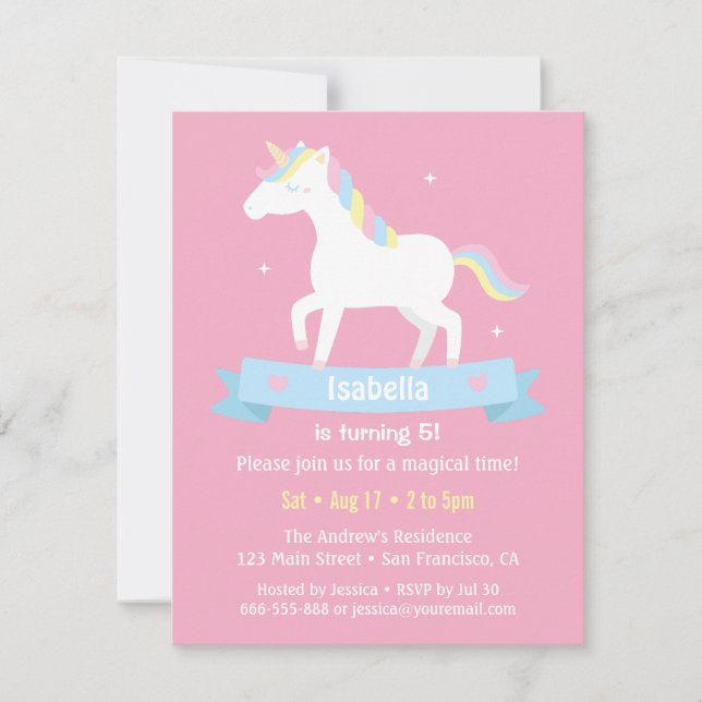 White Unicorn Girls Rosa Födelsedagsfest Inbjudningar (Framsida)