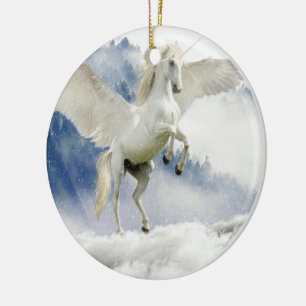 White Unicorn Horse med Vingar Julgransprydnad Keramik