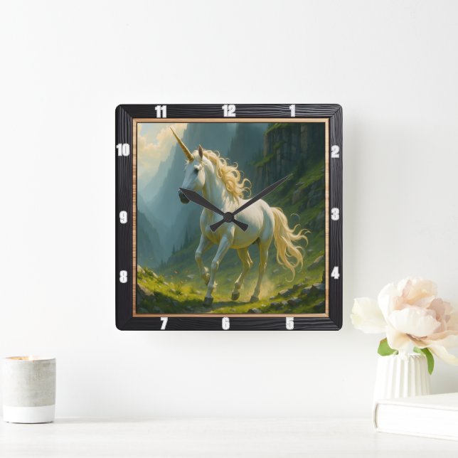 White Unicorn Misty Forest Fyrkantig Klocka (Hem)