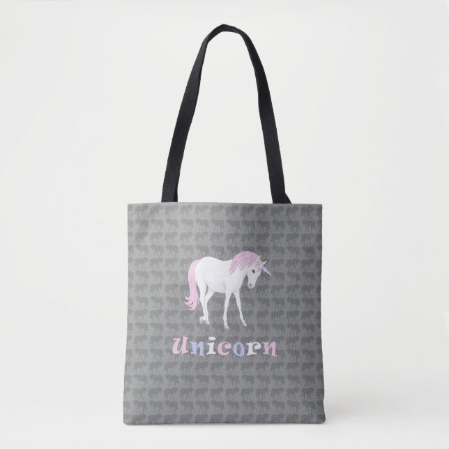 White Unicorn on Grått Tote Bag Tygkasse (Framsida)