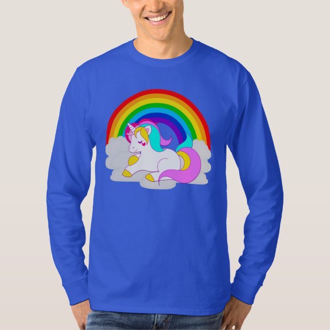 White Unicorn på Cloud Rainbow Manar Långärmad T Shirt (Framsida)