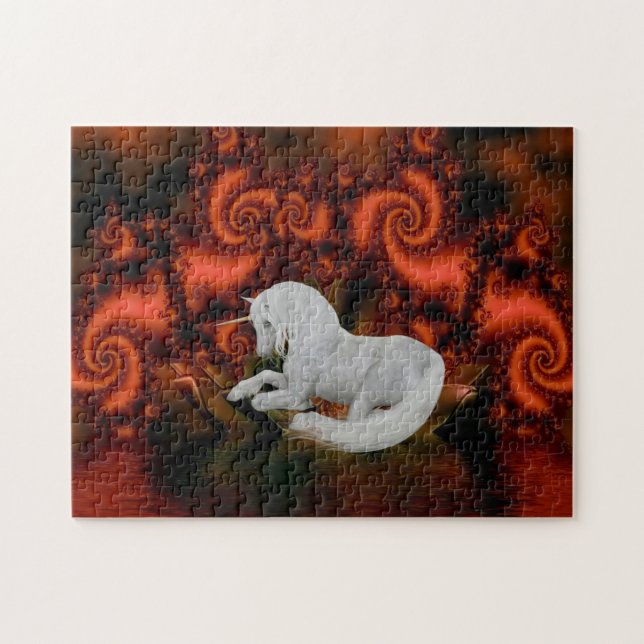 White Unicorn Red Fractal Fantasy Horse Art Pussel (Horisontell)