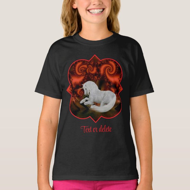 White Unicorn Red Fractal Fantasy Horse Art T Shirt (Framsida)