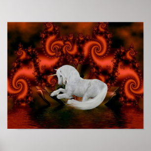 White Unicorn Red Fractal Fantasy Horse Poster