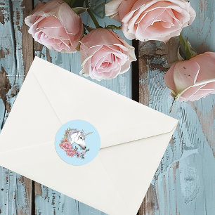 White Unicorn Rosa Flowers Blue Bröllop Runt Klistermärke