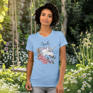 White Unicorn Rosa Flowers Blue Bröllop T Shirt