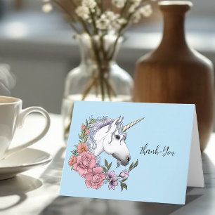 White Unicorn Rosa Flowers Blue Bröllop Tack Kort