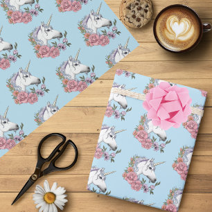 White Unicorn Rosa Flowers Blue Presentpapper