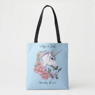 White Unicorn Rosa Flowers Blue Tygkasse