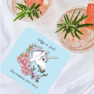 White Unicorn Rosa Flowers Blue Underlägg Papper Kvadrat