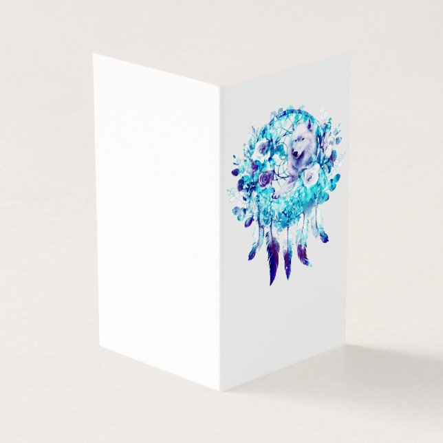 White Varg Dreamcatcher Lila Blue Blommigt Kort (Utsida)