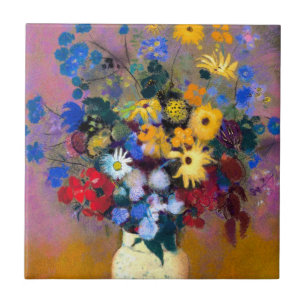 White Vas med Flowers Odilon Redon Kakelplatta