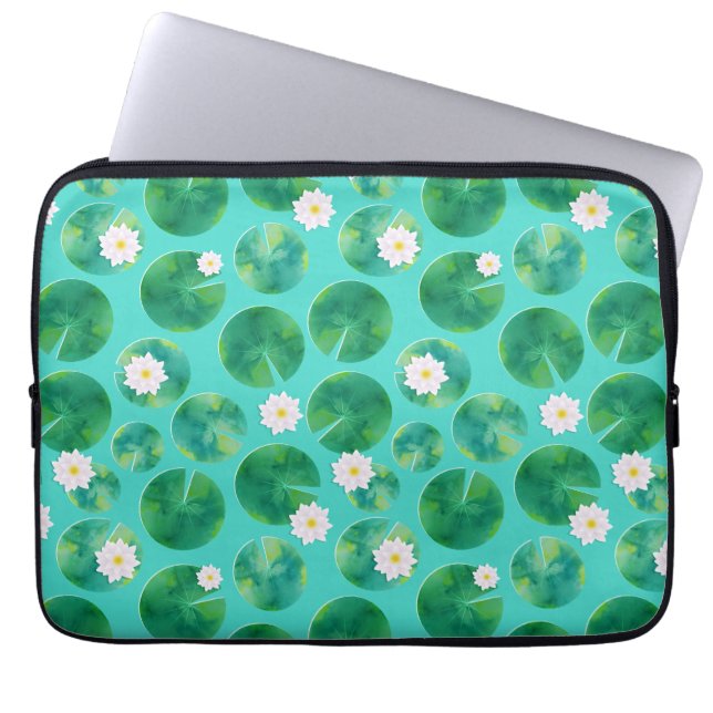 White Vatten Lily Flowers & Lily Pad Mönster Laptop Fodral (Framsidan)