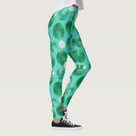 White Vatten Lily Flowers & Lily Pad Mönster Leggings