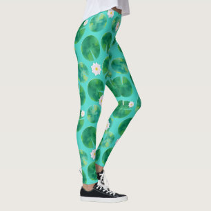 White Vatten Lily Flowers & Lily Pad Mönster Leggings