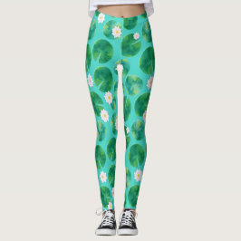 White Vatten Lily Flowers & Lily Pad Mönster Leggings