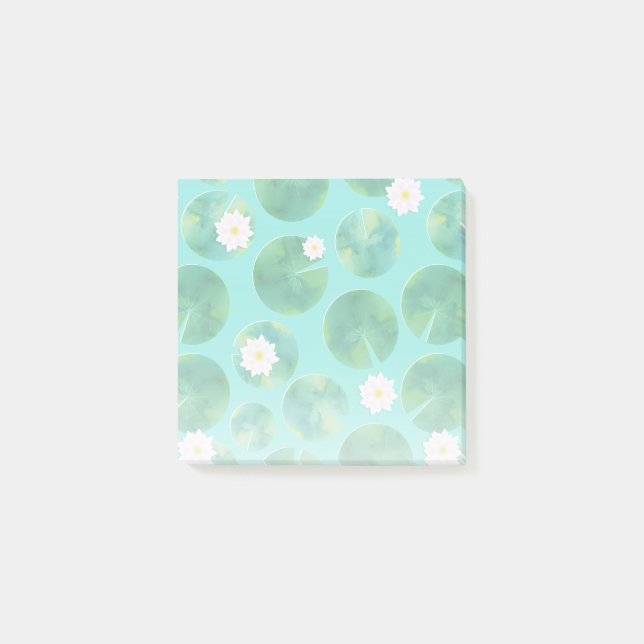 White Vatten Lily Flowers & Lily Pad Mönster Post-it Block (Framsida)