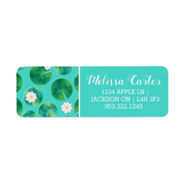 White Vatten Lily Flowers & Lily Pad Mönster Returadress Etikett (Framsidan)