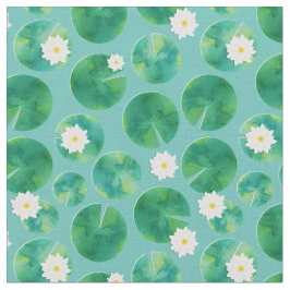 White Vatten Lily Flowers & Lily Pad Mönster Tyg