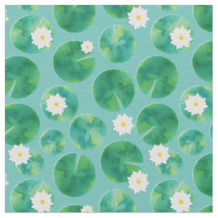 White Vatten Lily Flowers & Lily Pad Mönster Tyg