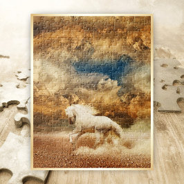 White Vild Horse Galloping in Desert, Stormy Himla Pussel