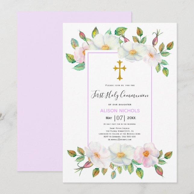 White vild ro lavender blommigt First Communion Inbjudningar (Fram/baksida)