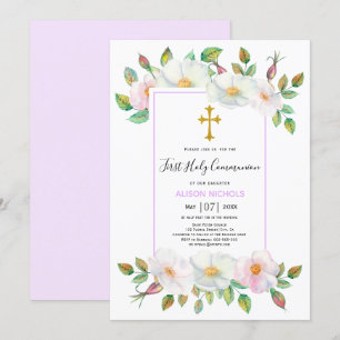 White vild ro lavender blommigt First Communion Inbjudningar