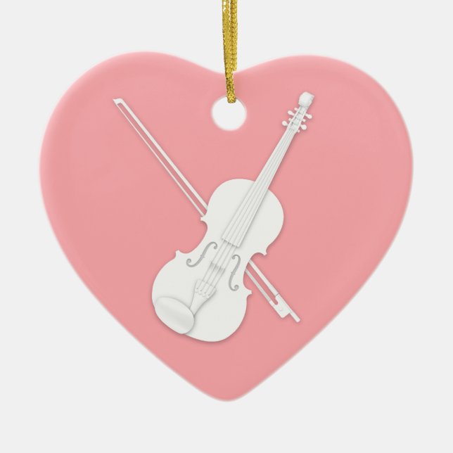 White Violin & Bow Mauve Rosa Anpassningsbar Heart Julgransprydnad Keramik (Framsidan)
